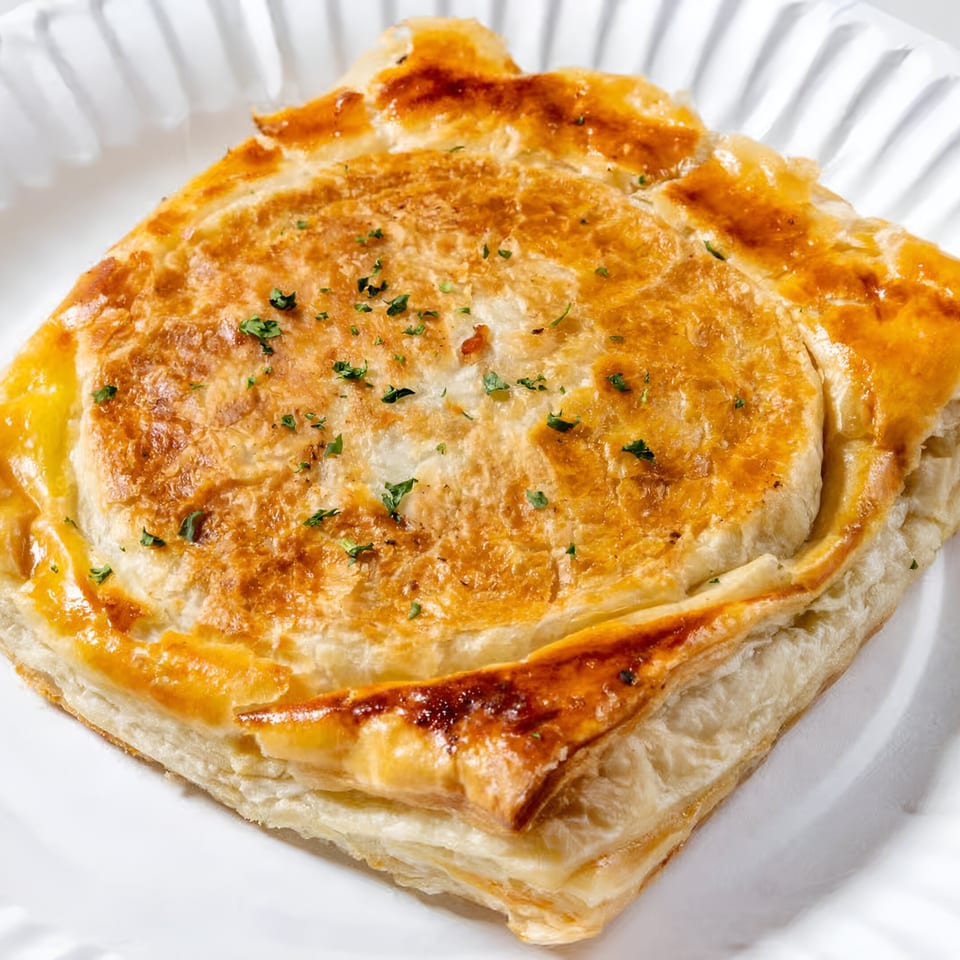 Golden-brown Greek pastry, possibly spanakopita or tiropita, on a white plate, garnished with herbs.