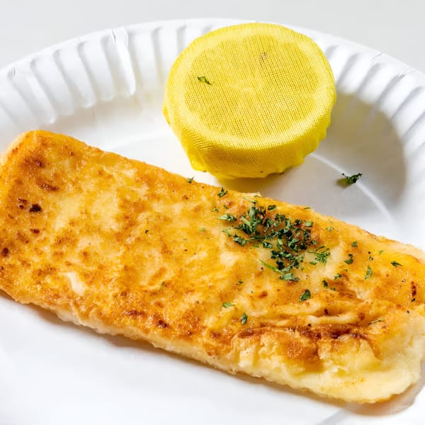 Golden-brown Greek saganaki cheese, garnished with parsley, served on a white paper plate with a lemon.