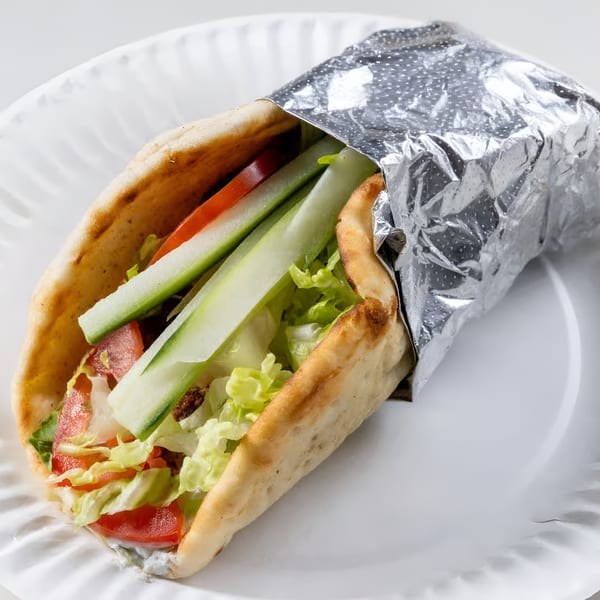 Greek Town gyro with meat, lettuce, tomatoes, cucumbers, and sauce, partially wrapped in foil.